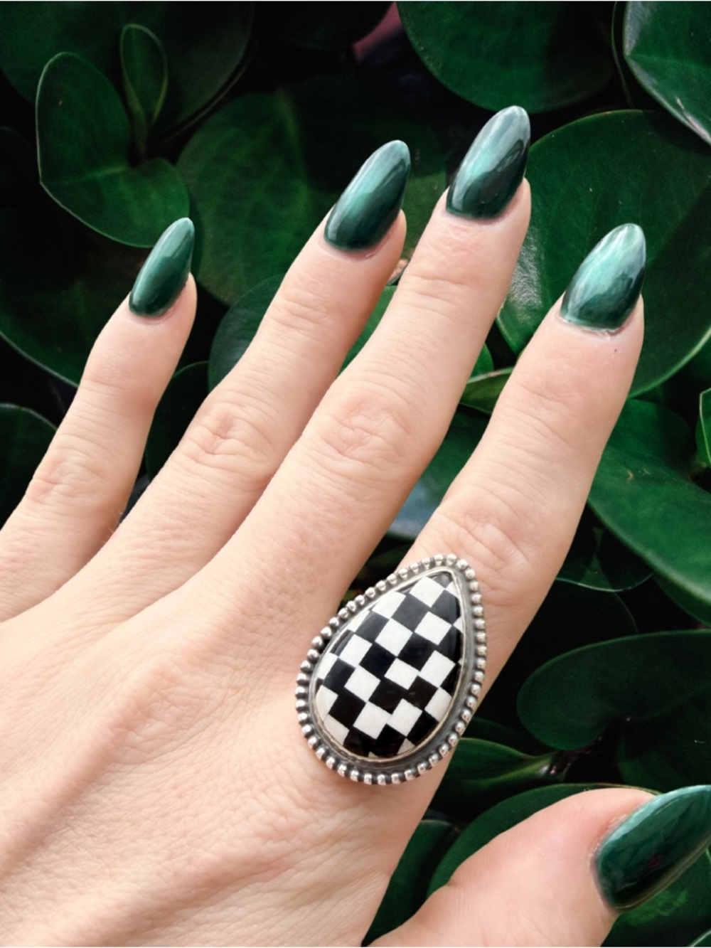 Sterling Silver Checkered Inlay Teardrop Ring - Southwestern Style | 925 Signed